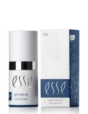 A bottle of Esse Post-care Oil with a silver cap is displayed next to its corresponding white and blue box. The product label and packaging feature the text "Esse Post-care Oil" and "Huile post-soins." The bottle contains 0.5 fl oz of oil.