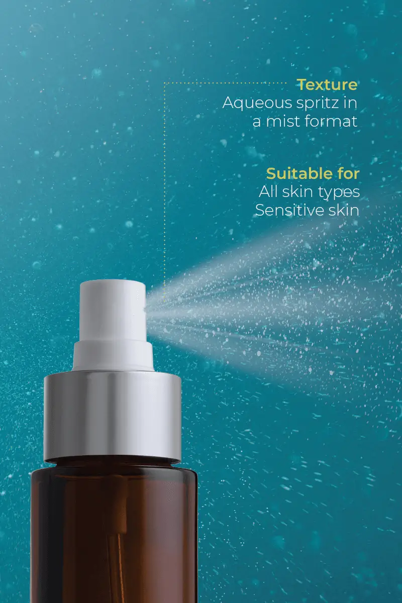 A brown bottle labeled "Live Probiotic Mist" sprays a fine mist against a blue background. Text describes it as an "aqueous spritz in a mist format" and notes it is "suitable for all skin types, including sensitive skin.